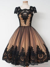 Black Lace Short Vintage Prom Dress with Cap Sleeves